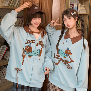 森女部落甜美可爱腊肠狗刺绣长袖 连帽卫衣女百搭宽松外套2026新款