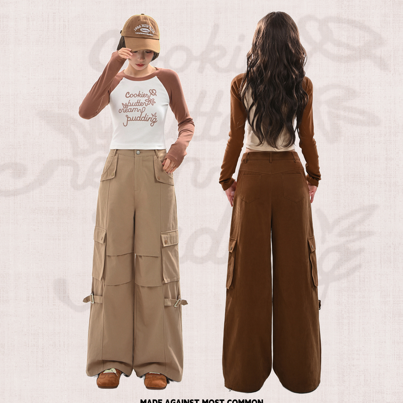 森女部落纯色宽松阔腿工装裤2025新款秋冬显瘦纯棉直筒休闲裤女