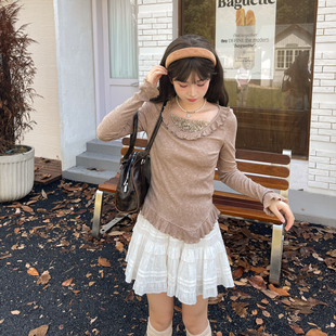 秋冬新款 不规则T恤2025年女装 长袖 森女部落原创美拉德风花边修身