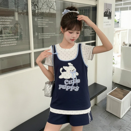 森女部落可爱软萌小狗T恤女新款设计感假两件波点宽松短袖上衣夏