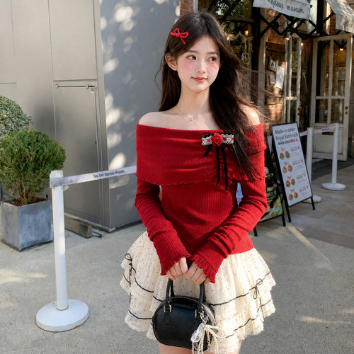 森女部落甜美风修身针织衫女新款红色露肩蝴蝶结显白上衣冬秋季