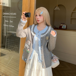 百搭宽松毛衣春季 森女部落甜美可爱小羊刺绣假两件针织开衫 女新款