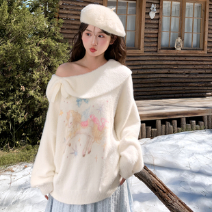 森女部落甜美风百搭套头毛衣女2025新款 秋蝴蝶结设计感宽松针织衫