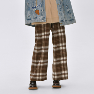 女 子宽松休闲裤 森女部落原创森系复古格子裤 美拉德穿搭毛呢秋冬裤