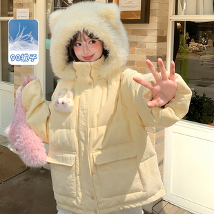 森女部落甜美黄色连帽羽绒服女2025新款 设计感小个子保暖外套 冬季