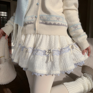 森女部落甜美风高腰针织半身裙女百搭设计感撞色蕾丝边A字短裙冬