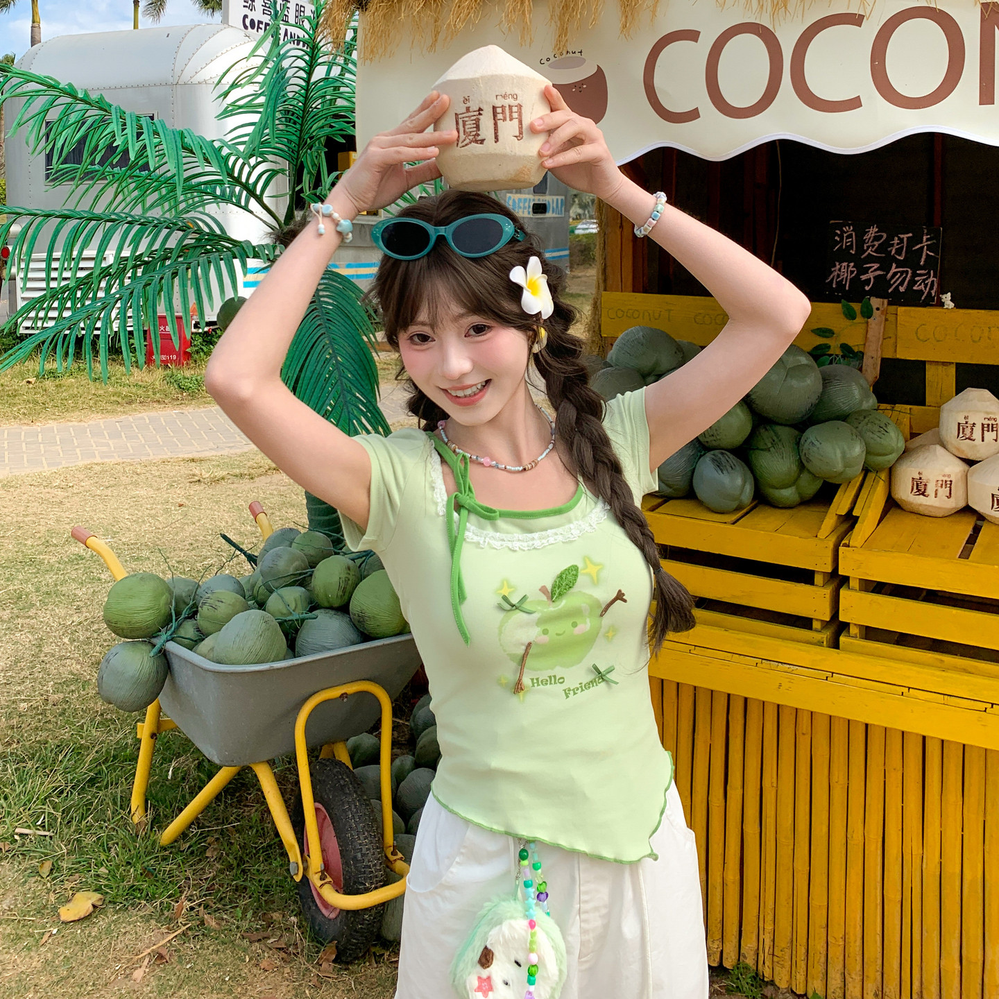 森女部落甜美风不规则下摆青苹果短款T恤女新款设计感百搭上衣夏