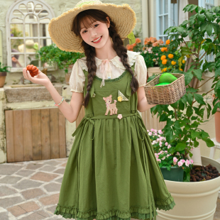 森女部落森系百搭小鹿刺绣设计感背带连衣裙女2026新款 收腰显瘦夏