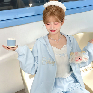 森女部落原创甜美风可爱小羊蓝色连帽外套女2025新款 女 外套春秋装