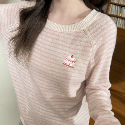 森女部落甜美蛋糕刺绣圆领套头毛衣女百搭100%绵羊毛宽松针织衫冬