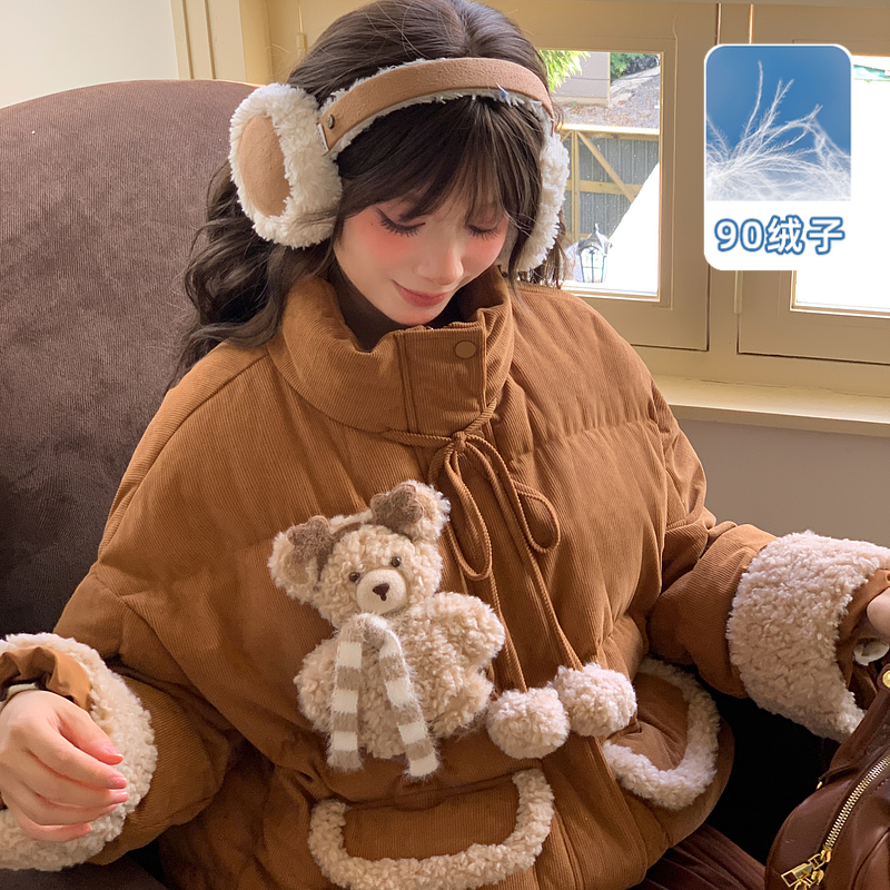 森女部落甜美90白鸭绒羽绒服女2025新款灯芯绒可爱小熊宽松外套冬