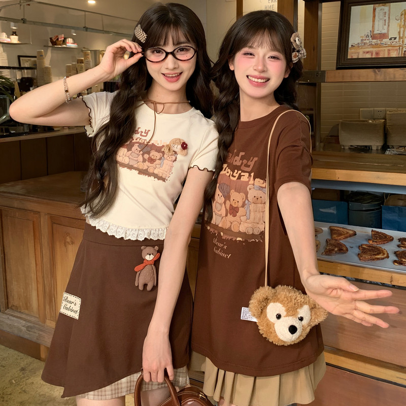 森女部落可爱印花短袖t恤女2025新款夏季蕾丝花边设计修身短上衣,女装/女士精品,T恤,淘宝优惠券,粉丝福利购,淘宝优惠卷