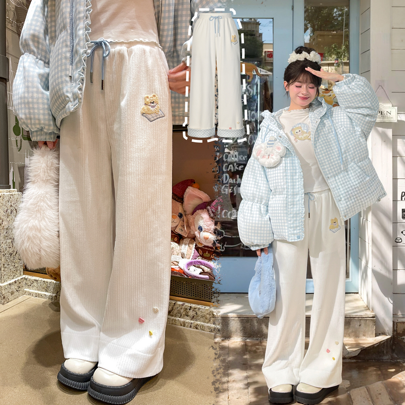 森女部落原创可爱毛绒萌柴犬高腰阔腿休闲裤格子拼色秋冬新款女裤