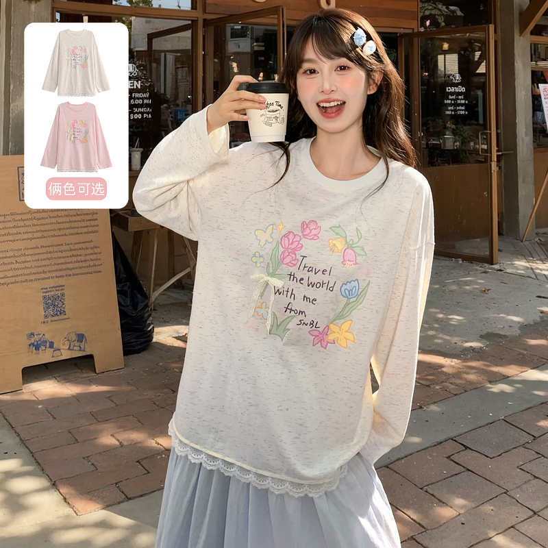 印花设计感薄款长袖宽松T恤女秋