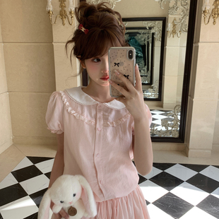 森女部落甜美风短袖连衣裙女新款纯棉娃娃领收腰遮肉设计感短裙夏
