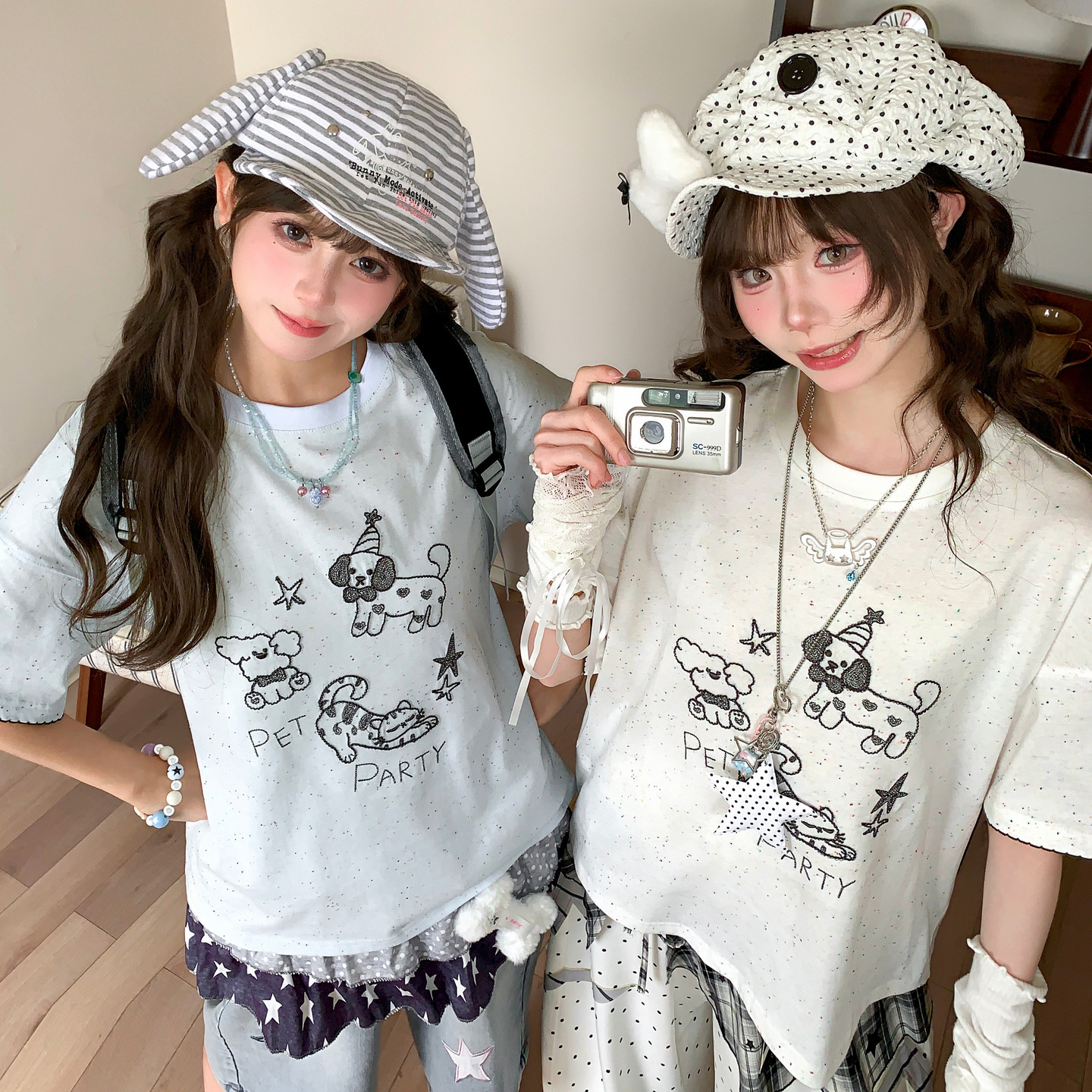 森女部落原创动物派对刺绣T恤女夏季新款甜美风闺蜜宽松短袖上衣图片