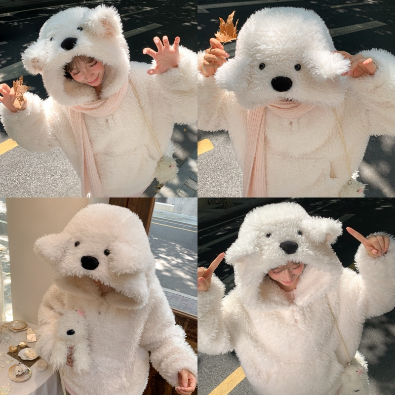 森女部落甜美风小狗立体连帽绒衫女秋冬毛绒设计感宽松卫衣新款