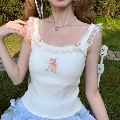 森女部落可爱甜美少女外穿带胸垫小吊带女新款白色打底印花背心夏