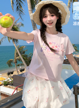 森女部落甜美风短款修身短袖t恤女2026新款蛋糕印花圆领上衣夏季
