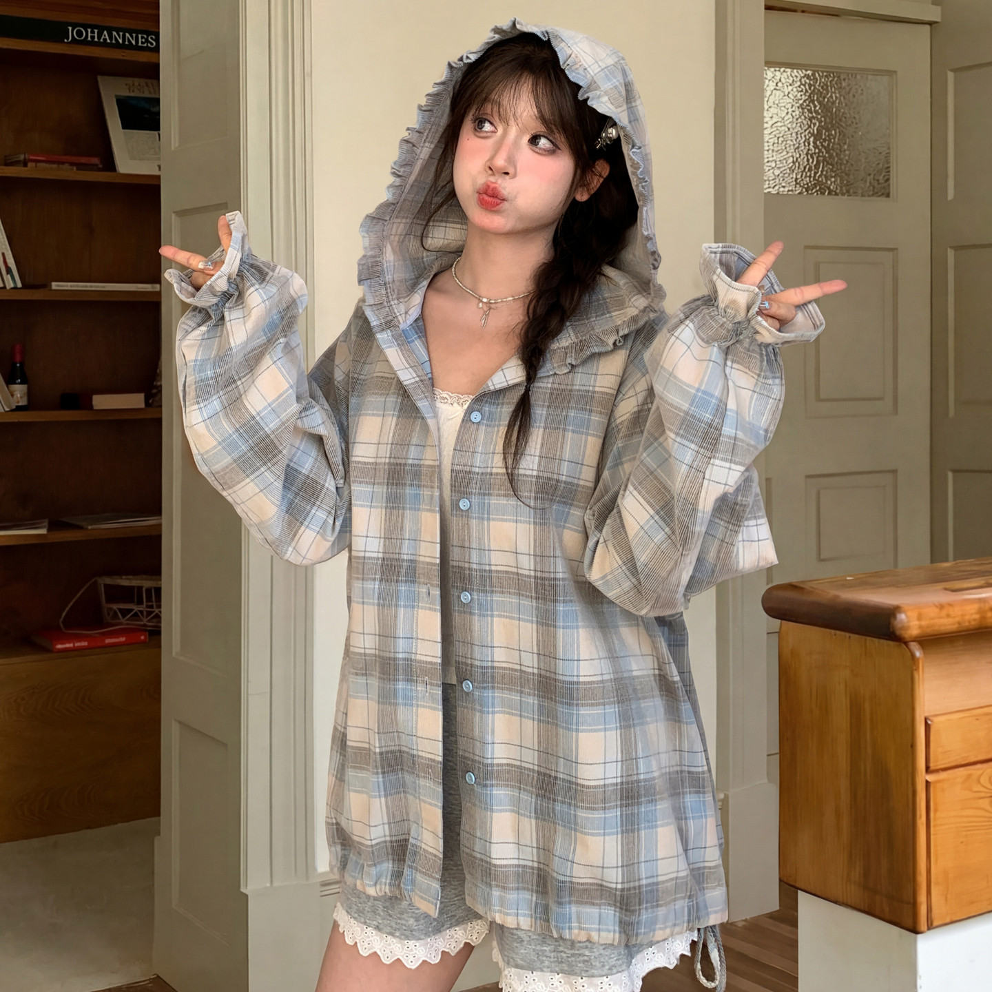 森女部落甜美风格子连帽衬衫女2026新款宽松百搭纯棉长袖上衣春季