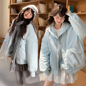 森女部落甜美风假两件连帽棉服女款 2026新款 秋冬百搭蓝色宽松上衣
