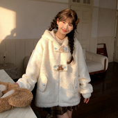 森女部落甜美加绒连帽卫衣女2026新款 秋冬 宽松小熊设计感百搭绒衫