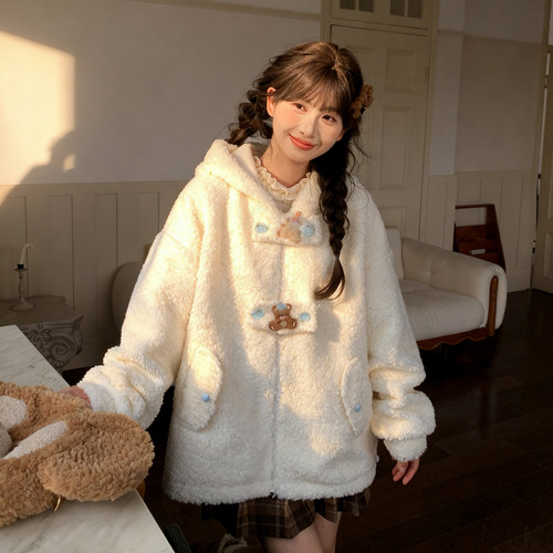 森女部落甜美加绒连帽卫衣女2025新款宽松小熊设计感百搭绒衫秋冬