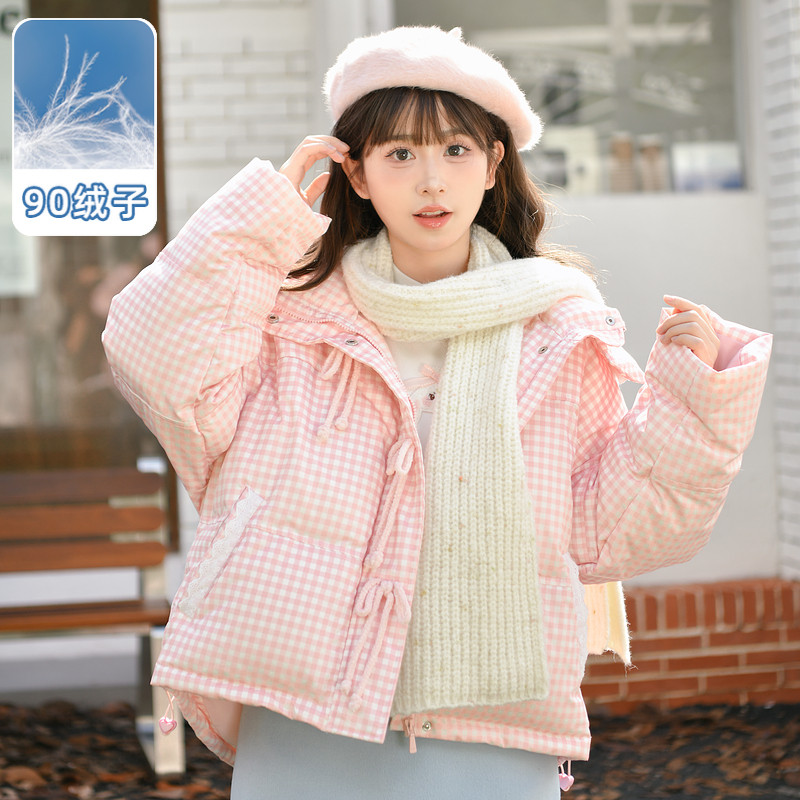 【现货】森女部落原创粉色格子90白鸭绒少女短羽绒服2025新款女装