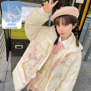 奶油小熊森女部落原创设计感油画风治愈系面包羽绒服中长款外套冬