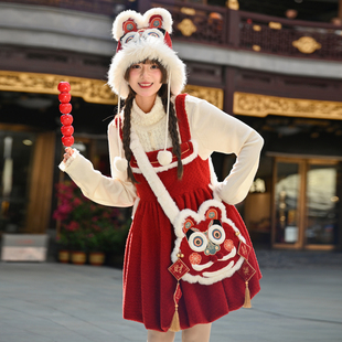 森女部落新年红包设计感显白红色背带裙2025春秋新款 背带裙 女装