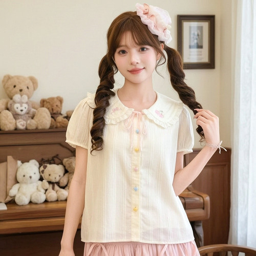 森女部落杏色甜美风娃娃领短袖衬衫女夏季可爱少女lolita刺绣上衣