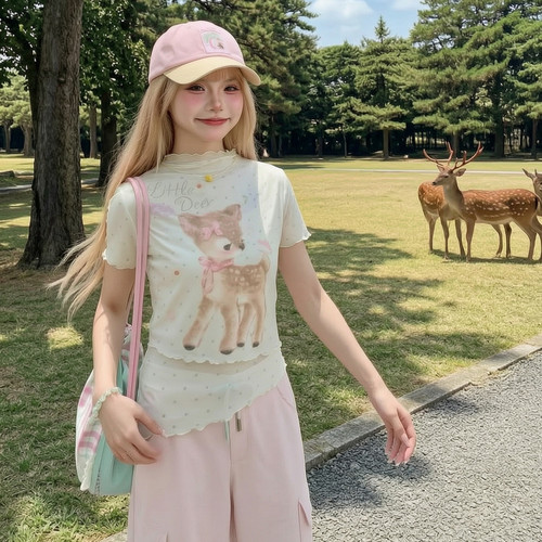 林中小鹿森女部落甜美卡通印花不规则修身设计感短袖T恤女新款夏