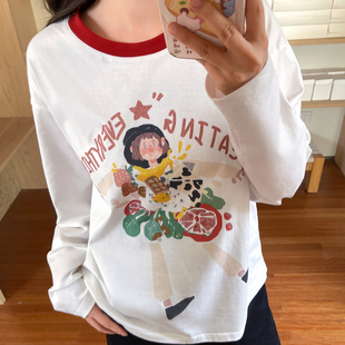 秋 T恤女2025新款 森女部落甜美卡通印花宽松长袖 上衣撞色百搭薄款