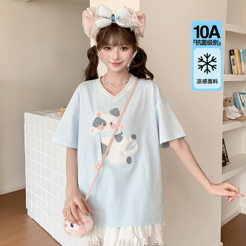 森女部落甜美风猫咪刺绣V领T恤女2026新款抗菌凉感宽松短袖上衣夏