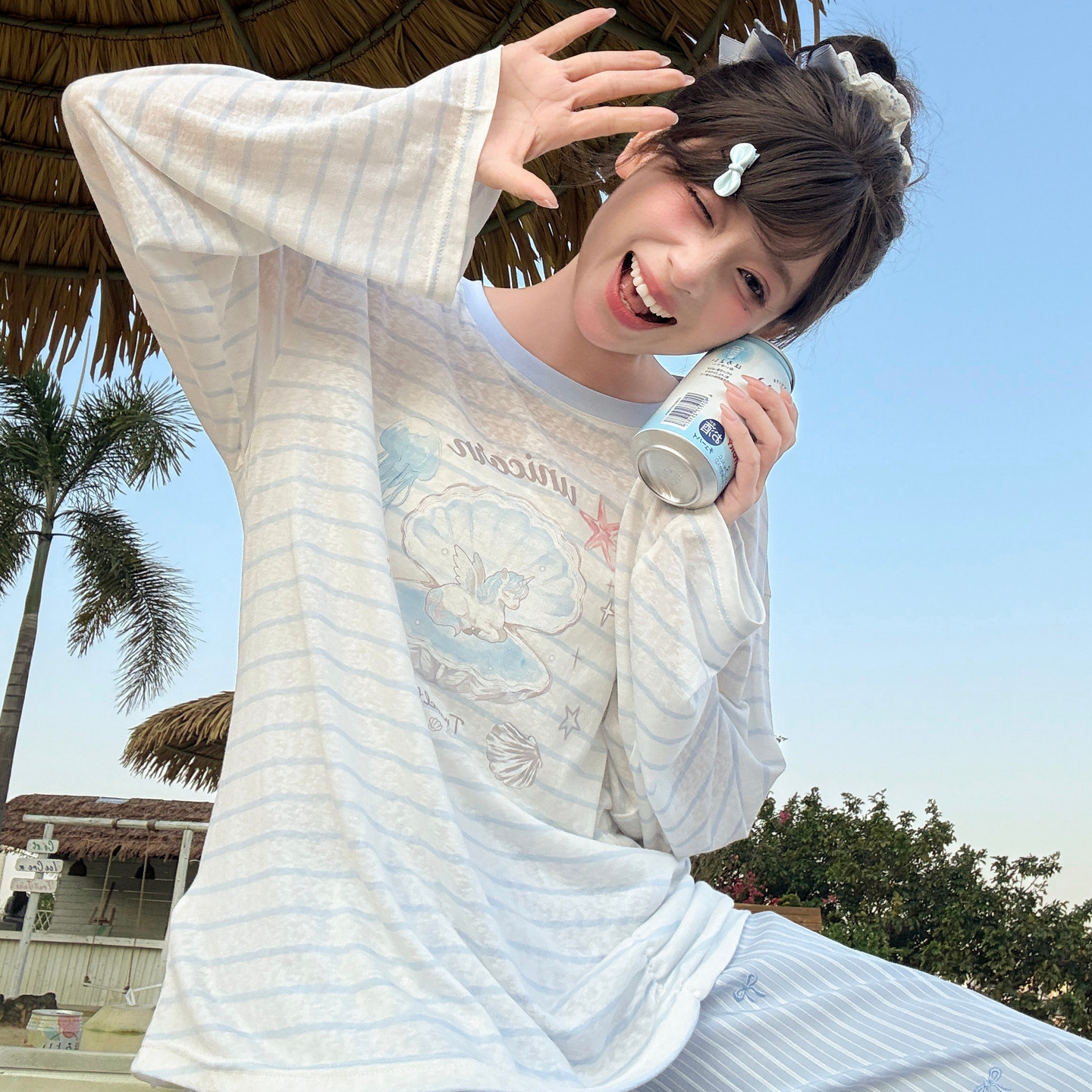 森女部落甜美风宽松防晒罩衫薄款长袖T恤女夏季新款蓝色条纹上衣
