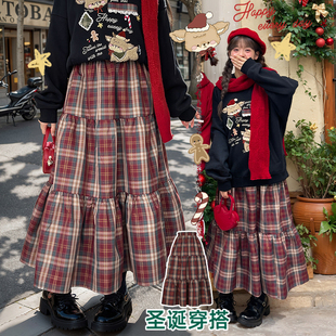 秋冬装 森女部落原创暗纹金线圣诞款 A字裙格子高腰半身裙长裙女装