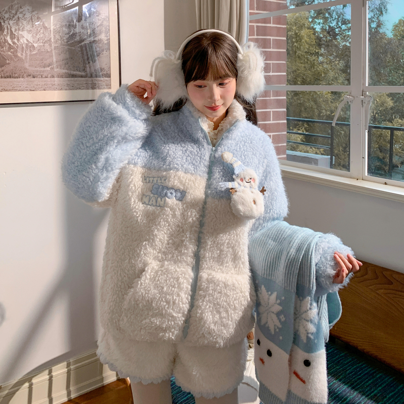 森女部落甜美风蓝白拼色绒衫女2025新款百搭保暖宽松卫衣冬季外套