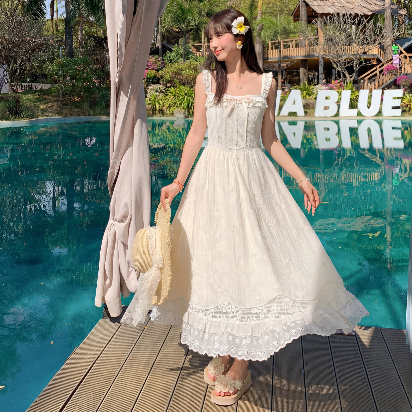 森女部落温柔风大裙摆吊带连衣裙女2026新款蕾丝拼接设计感长裙夏