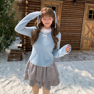 春秋 女装 森女部落原创纯色蝴蝶结绒感baby蓝长袖 T恤女2025年新款