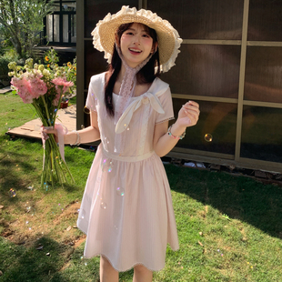 森女部落甜妹风纯棉条纹连衣裙女娃娃领蕾丝拼接收腰显瘦短裙夏