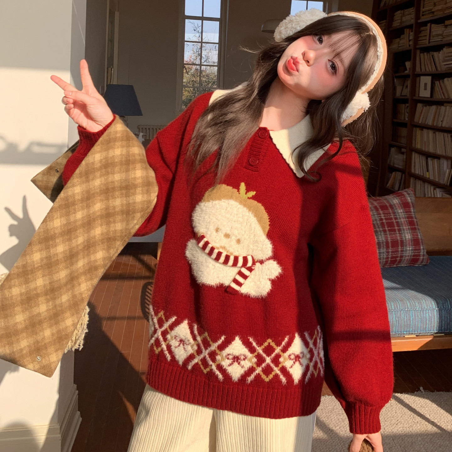 森女部落甜美圣诞风翻领毛衣女新款小狗刺绣百搭显白宽松针织衫冬