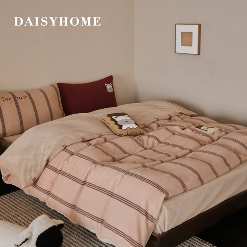 美拉德风条纹卡通小狗绒绒四件套