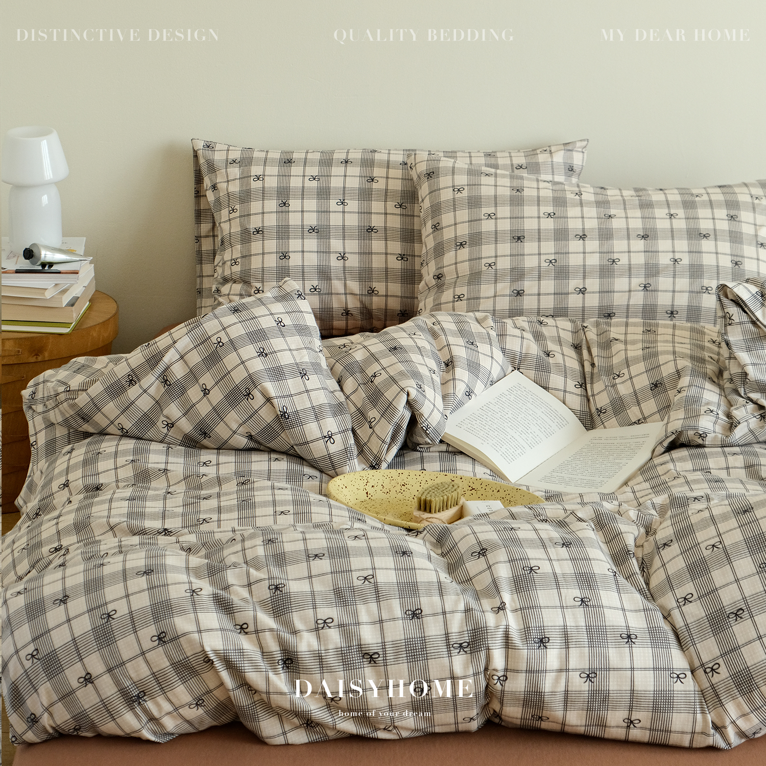 DAISYHOME复古格纹蝴蝶结针织100全棉亲肤母婴床单床笠四件套床品