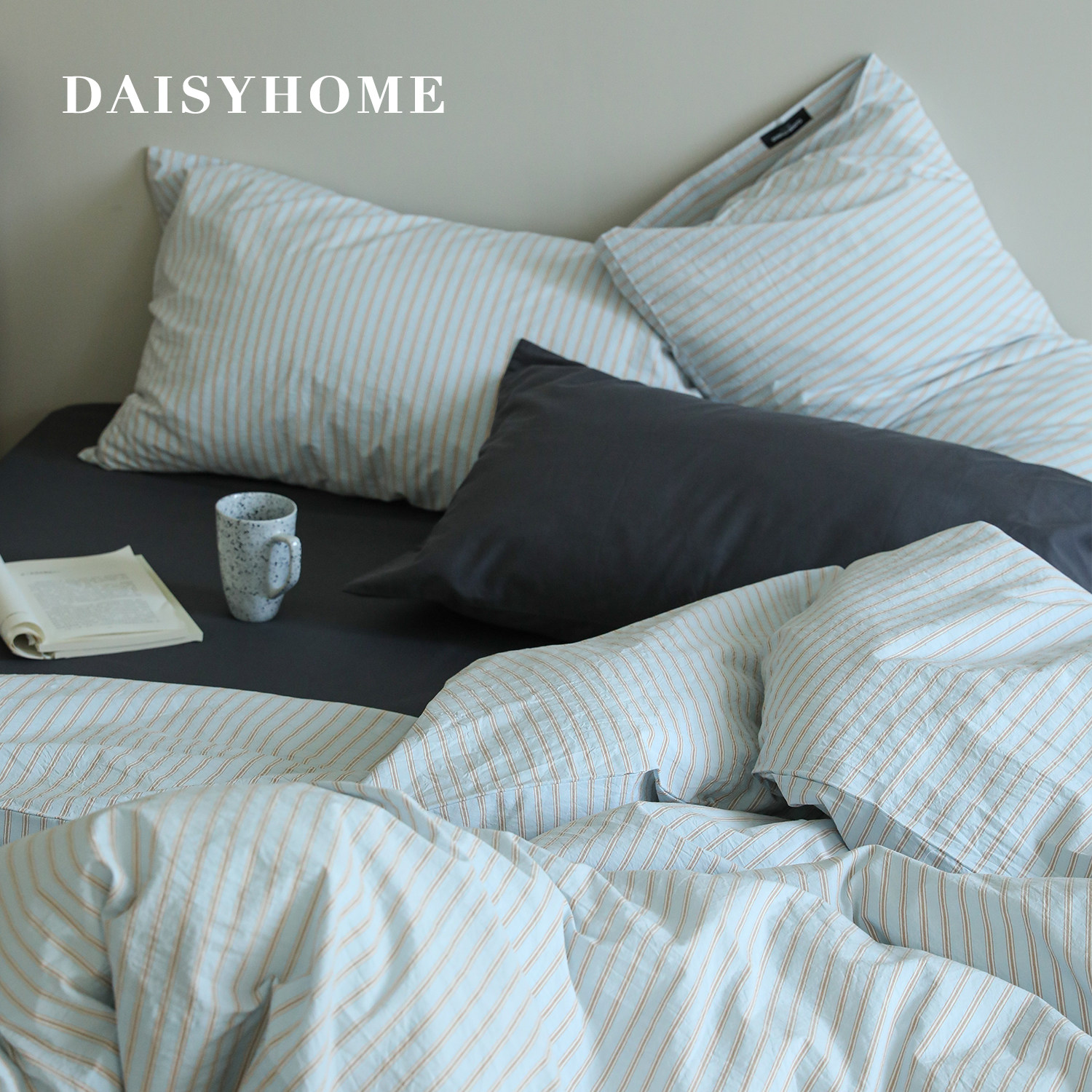 DAISYHOME中古橘蓝条纹水洗纸感棉慵懒感轻奢全棉床单被套四件套
