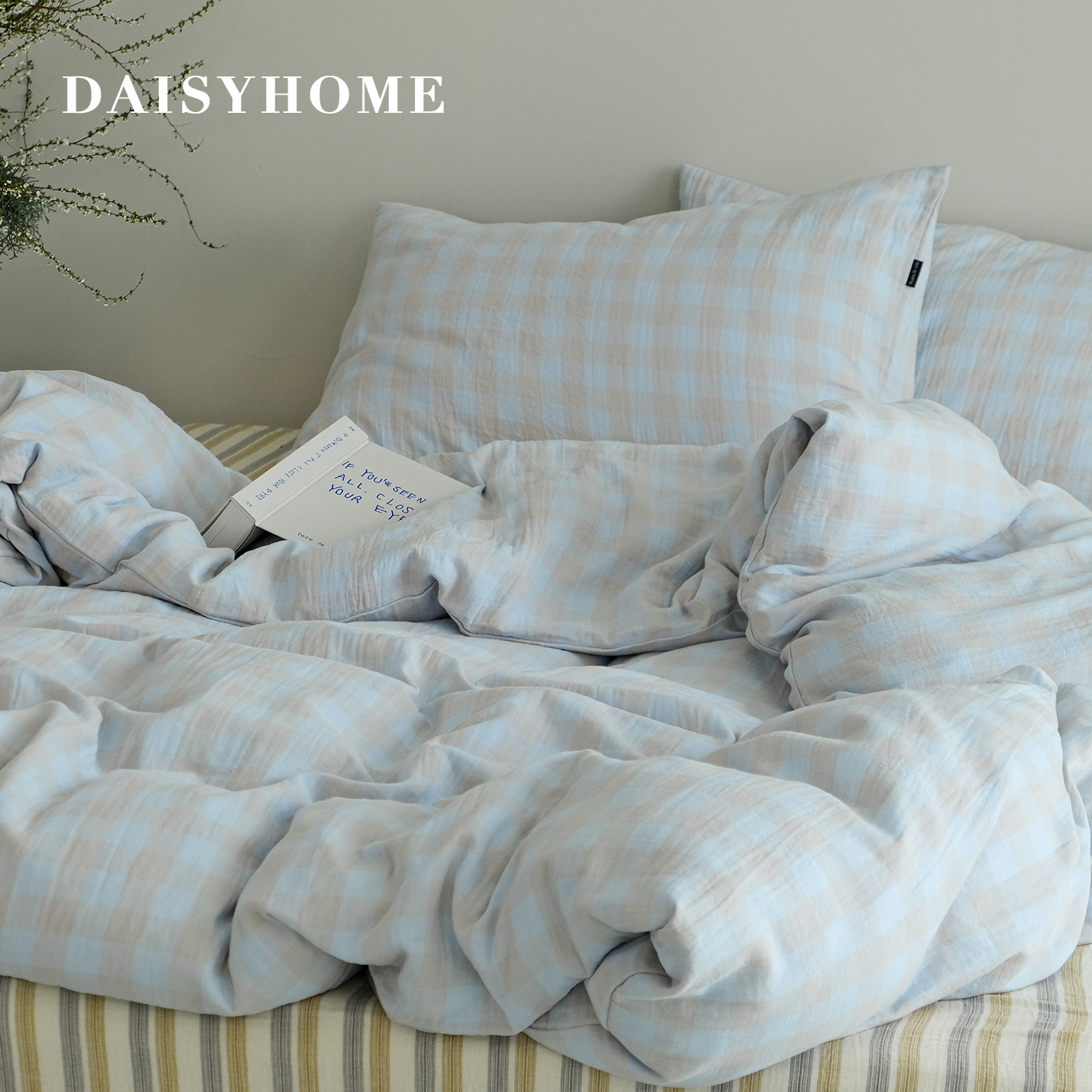 DAISYHOME那不勒斯海岸春夏裸睡蓝色双层纱格子100纯棉床单四件套