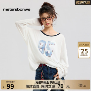 美特斯邦威t恤女2026夏季新款潮流印花薄款针织圆领休闲长袖上衣