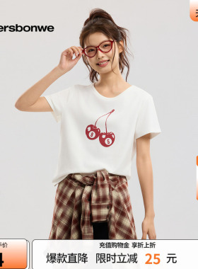 美特斯邦威t恤女2026夏季新款潮流印花圆领休闲白色针织短袖