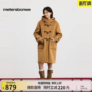 纯色羊角扣毛呢大衣 休闲气质中连帽长款 美特斯邦威女2026春季 新款