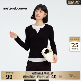 [商场同款]美特斯邦威女春新款撞色圆领拼接假两件宽松显瘦毛衫
