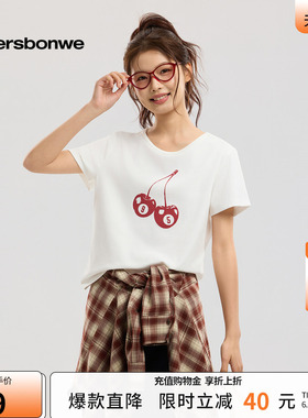 美特斯邦威t恤女2026夏季新款潮流印花圆领休闲白色针织短袖